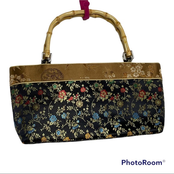 Asian Style Fabric Bag Bamboo Handles Zip Close - Picture 8 of 9